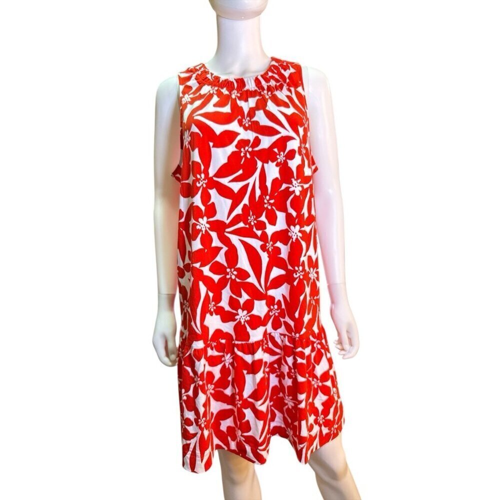 Loft Womens Red and White Ruched Plumaria Mini Dress Sz M Resortwear Swing NWT